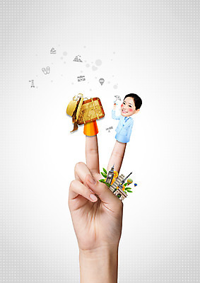 PSD 편집이미지 손 여행 2 한손 20대 성인 두명 신체부위 여행가방 한국인 승무원 손가락인형 챙모자 이미지편집 직업 모자_잡화 인형 가방 사람 동양인 청년 파일형식