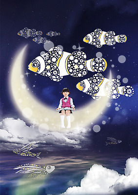 전신 PSD 구름 편집이미지 여자 상상 밤하늘 하늘 어류 한명 앉기 앞모습 유치원생 꿈 한국인 초승달 동화책 상상력 이미지편집 자연요소 1 어린이 뷰포인트 모션 사람 동양인 책 수중동물 달 야간 파일형식