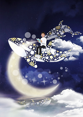 전신 PSD 구름 편집이미지 남자 초등학생 어린이 상상 밤하늘 하늘 한명 앉기 독서 꿈 초승달 일본인 고래 상상력 이미지편집 자연요소 외국인 1 학생 포유류 모션 사람 동양인 수중동물 달 야간 파일형식