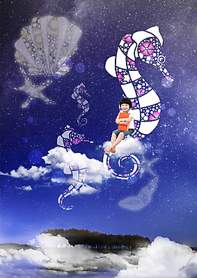 전신 PSD 구름 편집이미지 남자 상상 밤하늘 하늘 조개 불가사리 한명 앉기 유치원생 꿈 한국인 해마 상상력 이미지편집 자연요소 1 어린이 모션 어패류 극피동물 사람 동양인 바다동물 야간 파일형식