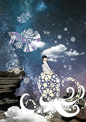 PSD 구름 편집이미지 여자 상상 밤하늘 하늘 어류 한명 앉기 상반신 뒷모습 유치원생 꿈 한국인 바위 뒤돌아보기 문어 상상력 이미지편집 자연요소 1 어린이 뷰포인트 모션 연체동물 사람 동양인 수중동물 돌_바위 야간 파일형식