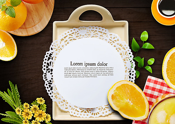 PSD 편집이미지 꽃 오렌지 나뭇잎 프레임 쟁반 사람없음 이미지편집 식물 잎 과일 파일형식