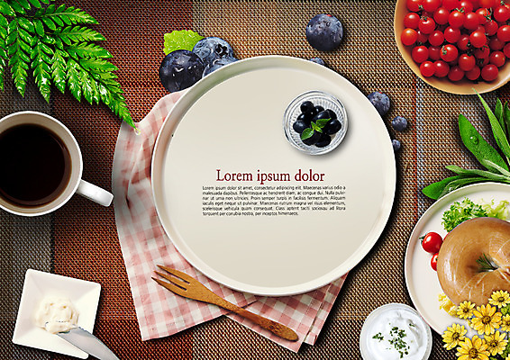 PSD 편집이미지 접시 꽃 커피 포크 방울토마토 나뭇잎 프레임 사람없음 커피잔 천 블루베리 베이글 이미지편집 식물 식기 음료 빵 잎 토마토 과일 잔 직물 파일형식