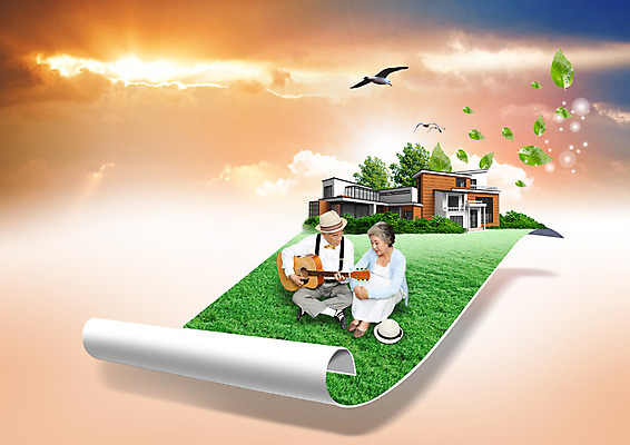 전신 PSD 편집이미지 여자 남자 종이 연주 갈매기 앉기 잔디 성인 두명 노부부 일몰 한국인 60대 통기타 전원주택 말린_둥글게 이미지편집 식물 부부 노년 음악 컨셉 모션 조류 주택 사람 동양인 노을 기타 파일형식