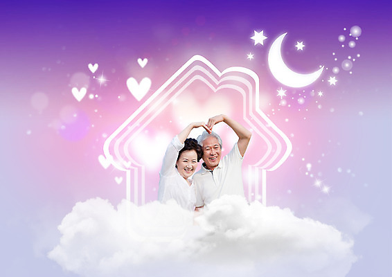 PSD 구름 편집이미지 여자 남자 별 미소 상반신 성인 두명 노부부 한국인 하트 60대 초승달 손하트 집모양 이미지편집 자연요소 모양 부부 노년 표정 사람 동양인 손짓 달 파일형식