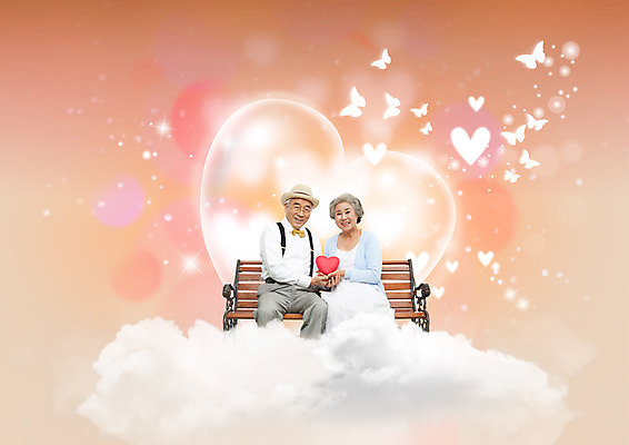 PSD 구름 편집이미지 여자 남자 나비 벤치 앉기 상반신 성인 두명 노부부 한국인 하트 60대 이미지편집 자연요소 모양 부부 노년 곤충 의자 모션 사람 동양인 파일형식