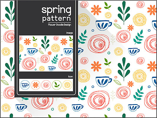 식물 디자인 꽃 백그라운드 꽃무늬 패턴 일러스트 나뭇잎 사람없음 컵 봄 소용돌이무늬 자연물 플라워패턴 국내일러스트 AI파일 식기 계절 잎 무늬 자연 파일형식 벡터