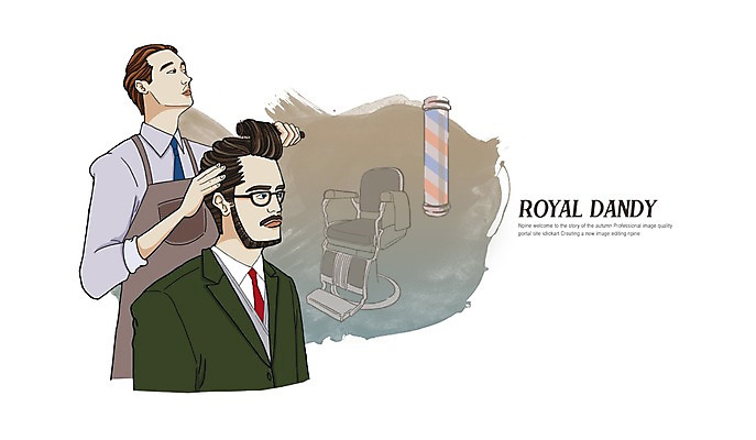 PSD 헤어스타일 남자 의자 일러스트 정장 성인 두명 머리빗 머리손질 젠틀맨 이발소 댄디 댄디스타일 메트로섹슈얼 이발사 이발소회전등 국내일러스트 옷 가구 조명 사람 뷰티 미용용품 뷰티샵 파일형식