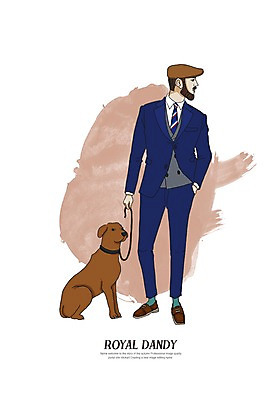 전신 PSD 모자 남자 일러스트 한명 정장 성인 강아지 주머니손 젠틀맨 댄디 댄디스타일 메트로섹슈얼 국내일러스트 1 잡화 옷 모션 사람 반려동물 개 파일형식