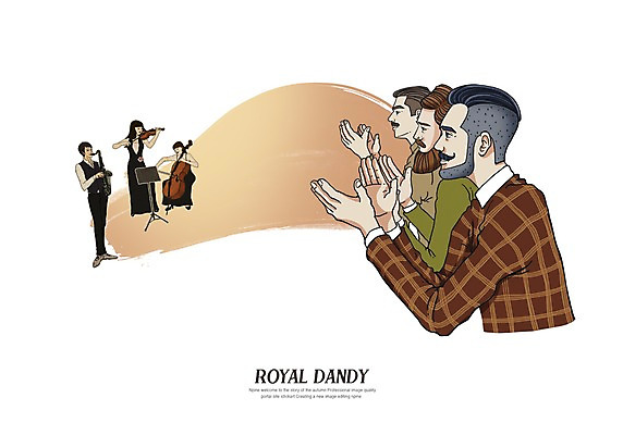 PSD 여자 남자 일러스트 정장 여러명 성인 공연 보면대 색소폰 박수 바이올린 첼로 음악회 관람 젠틀맨 댄디 댄디스타일 메트로섹슈얼 국내일러스트 옷 음악 다수 현악기 사람 손짓 이벤트 목관악기 파일형식 찰현악기