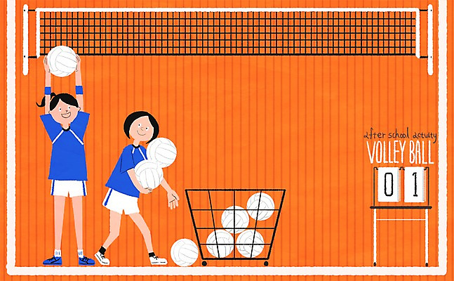 PSD 학생 여자 일러스트 학교 청소년 두명 운동복 스쿨라이프 배구 체육시간 배구공 배구코트 프레임일러스트 국내일러스트 라이프스타일 옷 교육 스포츠용품 공 수업 프레임 사람 구기 파일형식