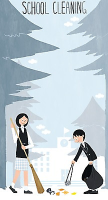 PSD 나무 구름 학생 여자 남자 교복 일러스트 학교 청소년 집게 두명 스쿨라이프 빗자루 청소 쓰레기줍기 프레임일러스트 국내일러스트 자연요소 식물 라이프스타일 옷 교육 프레임 사람 청소도구 파일형식 줍기