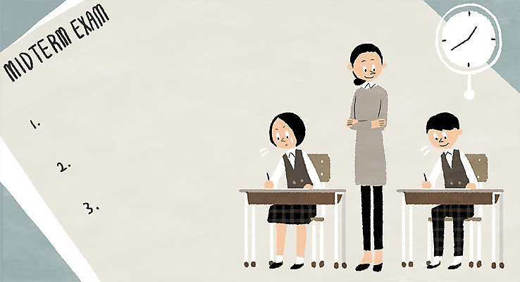 PSD 학생 여자 남자 교복 시계 의자 일러스트 학교 청소년 성인 세명 스쿨라이프 교사 시험 책상 시험지 중간고사 프레임일러스트 국내일러스트 직업 라이프스타일 옷 교육 가구 프레임 사람 파일형식