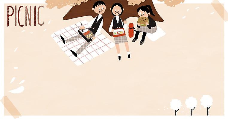 PSD 나무 학생 여자 남자 교복 일러스트 학교 청소년 세명 소풍 스쿨라이프 돗자리 도시락 프레임일러스트 국내일러스트 식물 라이프스타일 옷 교육 음식 프레임 사람 야외활동 파일형식