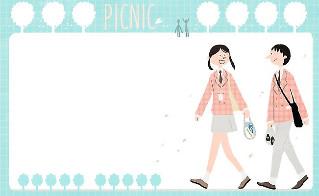 PSD 나무 학생 여자 남자 교복 가방 일러스트 학교 청소년 봉투 두명 소풍 스쿨라이프 프레임일러스트 국내일러스트 식물 라이프스타일 잡화 옷 교육 프레임 사람 야외활동 파일형식