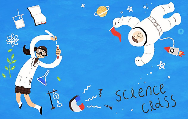 PSD 학생 여자 남자 교복 별 과학 일러스트 학교 청소년 실험 두명 책 스쿨라이프 행성 로켓 우주복 과학교육 자석 프레임일러스트 국내일러스트 자연요소 라이프스타일 옷 교육 프레임 사람 우주 파일형식