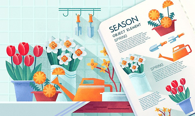 PSD 식물 계절 꽃 화분 일러스트 사람없음 봄 물뿌리개 튤립 잡지 민들레 개나리 모종삽 오브젝트 엘리먼트 원예용품 목업 플랫레이 국내일러스트 생활용품 간행물 플랫 삽 파일형식