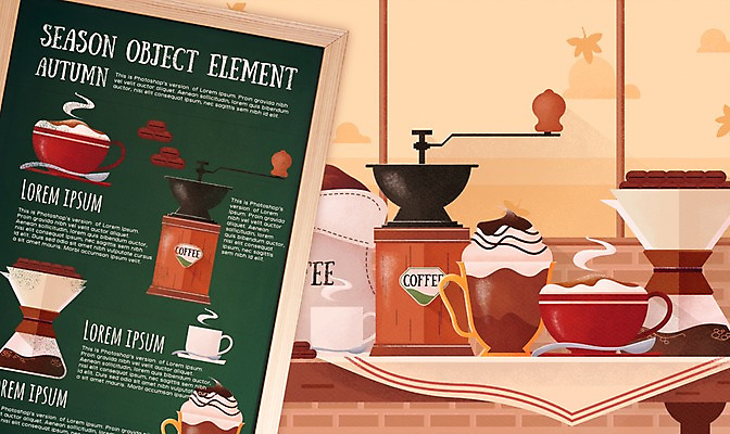PSD 계절 커피 일러스트 탁자 사람없음 원두 가을 커피잔 오브젝트 메뉴판 그라인더 카푸치노 드립커피 엘리먼트 목업 플랫레이 국내일러스트 음료 가구 잔 플랫 커피용품 파일형식