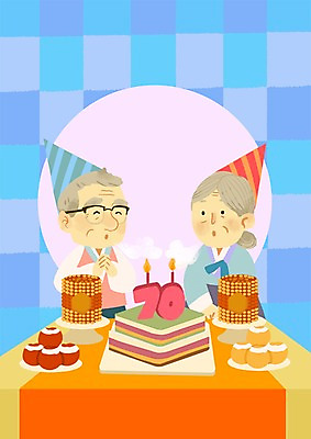 PSD 여자 노년 남자 행복 일러스트 촛불 떡 함께함 두명 실버라이프 노부부 고깔모자 축하 배 사과 한복 잔치상 촛불끄기 칠순잔치 국내일러스트 모자_잡화 한국전통 라이프스타일 부부 기념일 감정 컨셉 과일 초 탁자 사람 성인 전통의상 끄기 파일형식