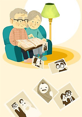 PSD 여자 노년 남자 행복 여유 일러스트 함께함 두명 실버라이프 소파 노부부 스탠드 추억 앨범 과거 기념사진 국내일러스트 라이프스타일 부부 감정 컨셉 의자 조명 사람 성인 파일형식