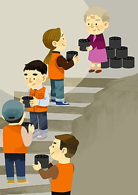 PSD 여자 노년 남자 일러스트 함께함 여러명 성인 실버라이프 봉사 도움 연탄 연탄배달 국내일러스트 라이프스타일 다수 컨셉 사람 배송 파일형식