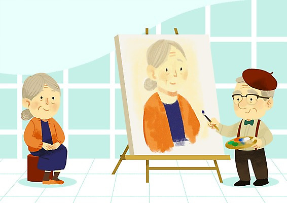 PSD 여자 노년 남자 일러스트 창문 두명 실버라이프 노부부 붓 그리기 팔레트 이젤 초상화 국내일러스트 라이프스타일 부부 모션 사람 성인 미술도구 그림 파일형식