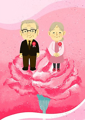 PSD 여자 노년 남자 행복 일러스트 두명 실버라이프 노부부 다정 어버이날 카네이션 노인만 국내일러스트 라이프스타일 부부 기념일 꽃 감정 컨셉 사람 성인 성인만 파일형식