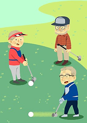 PSD 모자 여자 노년 남자 일러스트 함께함 세명 실버라이프 즐거움 게이트볼 게이트볼장 국내일러스트 라이프스타일 잡화 감정 컨셉 스포츠시설 사람 성인 구기 파일형식