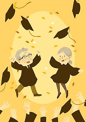 PSD 여자 노년 남자 행복 일러스트 학사모 졸업 졸업생 두명 실버라이프 노부부 축하 졸업가운 즐거움 노인대학 국내일러스트 모자_잡화 라이프스타일 부부 교육 감정 컨셉 사람 성인 가운 대학교 파일형식