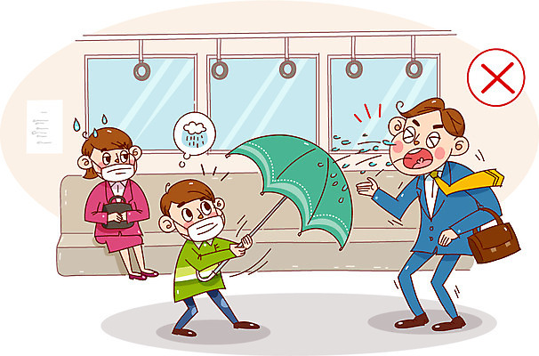 여자 남자 어린이 캠페인 가방 일러스트 우산 건강 마스크 성인 세명 예절 전철 위생 기침 위생관리 코로나바이러스 국내일러스트 AI파일 잡화 육상교통 대중교통 관리 사람 바이러스 파일형식 벡터