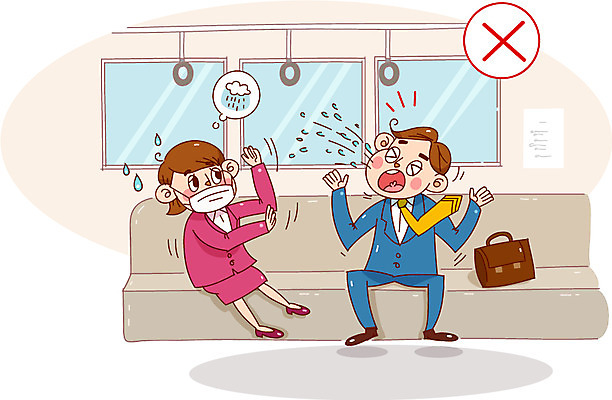 여자 남자 캠페인 서류가방 일러스트 건강 마스크 성인 두명 예절 위생 기침 위생관리 지하철표 코로나바이러스 국내일러스트 AI파일 가방 관리 사람 티켓 바이러스 파일형식 벡터