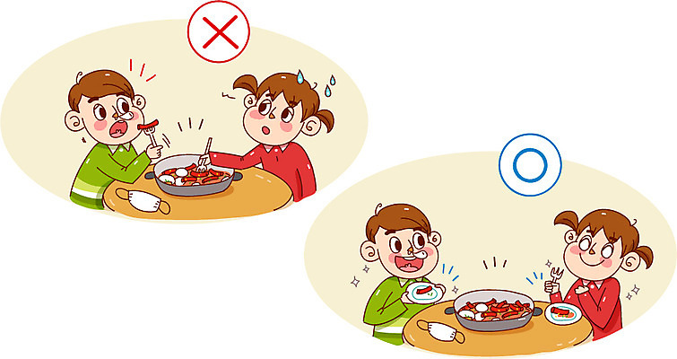 접시 여자 남자 어린이 캠페인 포크 일러스트 건강 마스크 여러명 예절 위생 떡볶이 위생관리 국내일러스트 AI파일 식기 다수 관리 사람 분식 파일형식 벡터