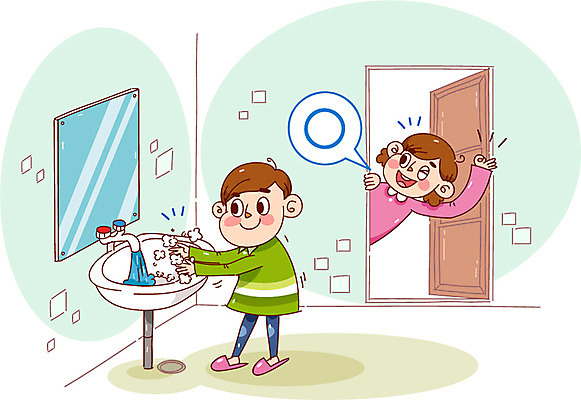 여자 남자 어린이 캠페인 일러스트 건강 성인 두명 문 거울 욕실 예절 위생 세면대 손씻기 위생관리 코로나바이러스 국내일러스트 AI파일 관리 사람 바이러스 씻기 파일형식 벡터