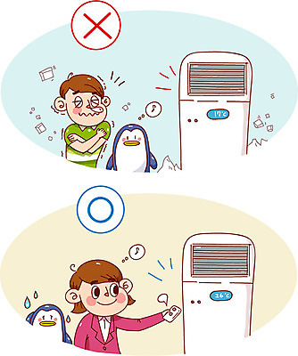 여자 남자 캠페인 일러스트 건강 성인 두명 예절 위생 리모컨 에어컨 펭귄 냉방 냉방병 위생관리 적정온도 국내일러스트 AI파일 조류 관리 사람 가전제품 질병 온도 파일형식 벡터