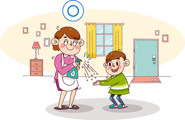 여자 남자 어린이 캠페인 액자 일러스트 창문 집안 조명 건강 성인 두명 문 예절 위생 서랍장 살균소독제 소독제 위생관리 국내일러스트 AI파일 가구 실내 관리 사람 파일형식 벡터