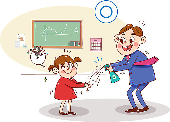 여자 남자 어린이 캠페인 일러스트 건강 성인 두명 교사 칠판 예절 바이러스 위생 소독제 위생관리 국내일러스트 AI파일 직업 관리 사람 파일형식 벡터