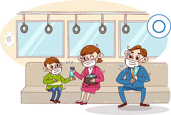 여자 남자 어린이 캠페인 일러스트 건강 마스크 성인 세명 예절 전철 위생 소독제 위생관리 국내일러스트 AI파일 육상교통 대중교통 관리 사람 파일형식 벡터