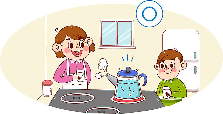 여자 남자 어린이 캠페인 일러스트 주전자 건강 성인 두명 물 쓰레기통 예절 가스레인지 위생 물컵 냉장고 끓이기 위생관리 국내일러스트 AI파일 자연요소 모션 주방용품 관리 사람 컵 가전제품 레인지 파일형식 벡터