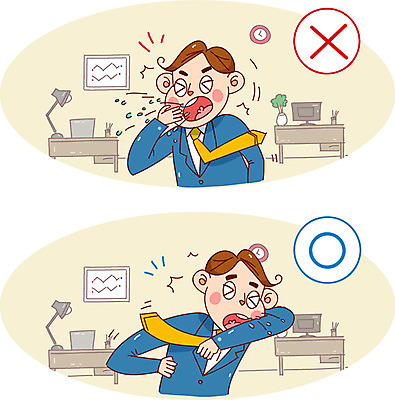 남자 캠페인 일러스트 건강 성인 두명 사무실 모니터 스탠드 예절 위생 기침 위생관리 국내일러스트 AI파일 비즈니스 조명 관리 사람 컴퓨터 파일형식 벡터