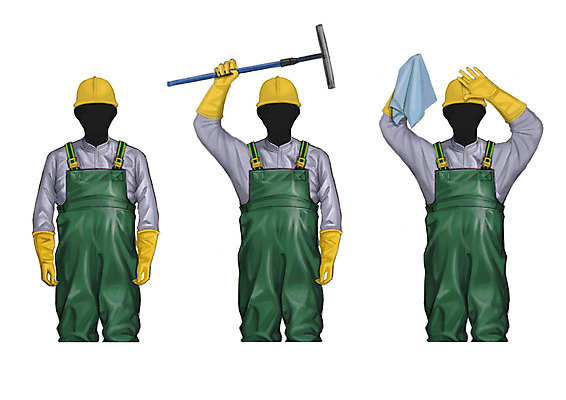 PSD 직업 남자 일러스트 작업복 성인 세명 헬멧 청소도구 고무장갑 걸레 청소부 얼굴없음 국내일러스트 옷 장갑 사람 도구 보호장비 청소 고무 파일형식