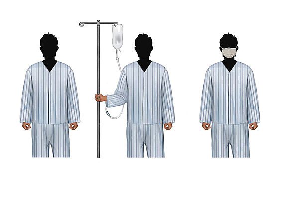 PSD 직업 남자 일러스트 마스크 성인 세명 환자 링거 환자복 얼굴없음 국내일러스트 옷 의학 의료기기 사람 파일형식