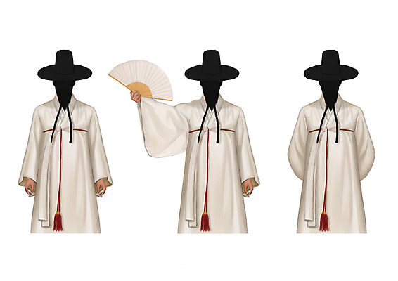 PSD 직업 남자 일러스트 성인 세명 부채 한복 뒷짐 선비 얼굴없음 국내일러스트 갓모자 모자_잡화 한국전통 모션 전통소품 사람 전통의상 파일형식