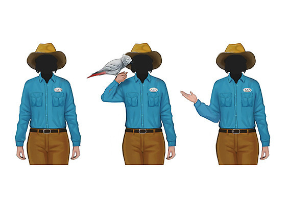 PSD 직업 모자 여자 셔츠 일러스트 바지 성인 세명 앵무새 사육사 얼굴없음 국내일러스트 잡화 상의 조류 하의 사람 파일형식