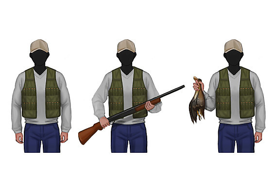 PSD 직업 남자 일러스트 오리 성인 세명 총 청바지 조끼 사냥꾼 총알 모자가게 얼굴없음 국내일러스트 무기 바지 조류 사람 상점 외투 파일형식
