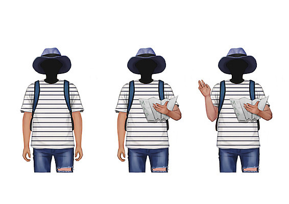 PSD 직업 모자 남자 지도 가방 일러스트 성인 세명 여행객 반팔티셔츠 청바지 얼굴없음 국내일러스트 잡화 티셔츠 바지 사람 파일형식