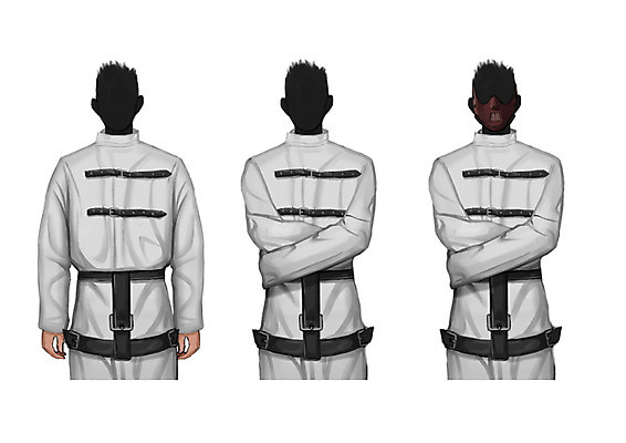 PSD 직업 남자 일러스트 마스크 성인 세명 환자 벨트 묶기 환자복 정신병 얼굴없음 국내일러스트 잡화 옷 의학 모션 사람 질병 파일형식