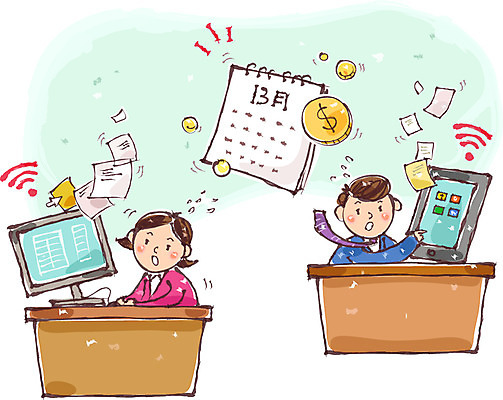 여자 남자 종이 일러스트 성인 두명 태블릿 모니터 동전 달력 직장인 책상 연말정산 13월 국내일러스트 AI파일 직업 가구 돈 사람 경제 전자제품 스마트기기 컴퓨터 날짜 파일형식 벡터