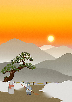 주간 PSD 남자 어린이 겨울 일러스트 눈사람 새해 산 한명 야외 태양 일출 눈 소나무 빗자루 동자승 눈치우기 국내일러스트 자연요소 나무 1 계절 날씨 사람 노을 승려 청소도구 치우기 파일형식