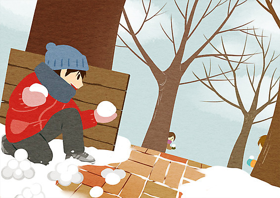 주간 PSD 나무 여자 남자 어린이 겨울 일러스트 야외 세명 눈 눈싸움 눈덩이 국내일러스트 자연요소 식물 계절 날씨 눈_날씨 사람 싸움 파일형식