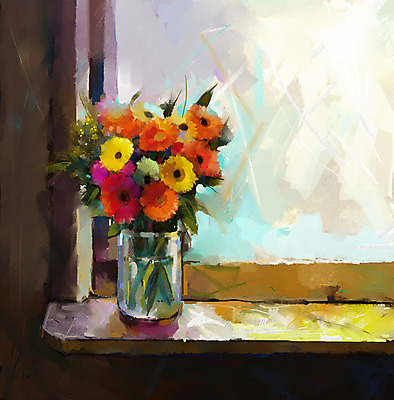 JPG 해외이미지 꽃 일러스트 사람없음 꽃병 창가 그림 손그림 유화 해외202004 해외일러스트 식물 창문 미술 파일형식 이미지허브